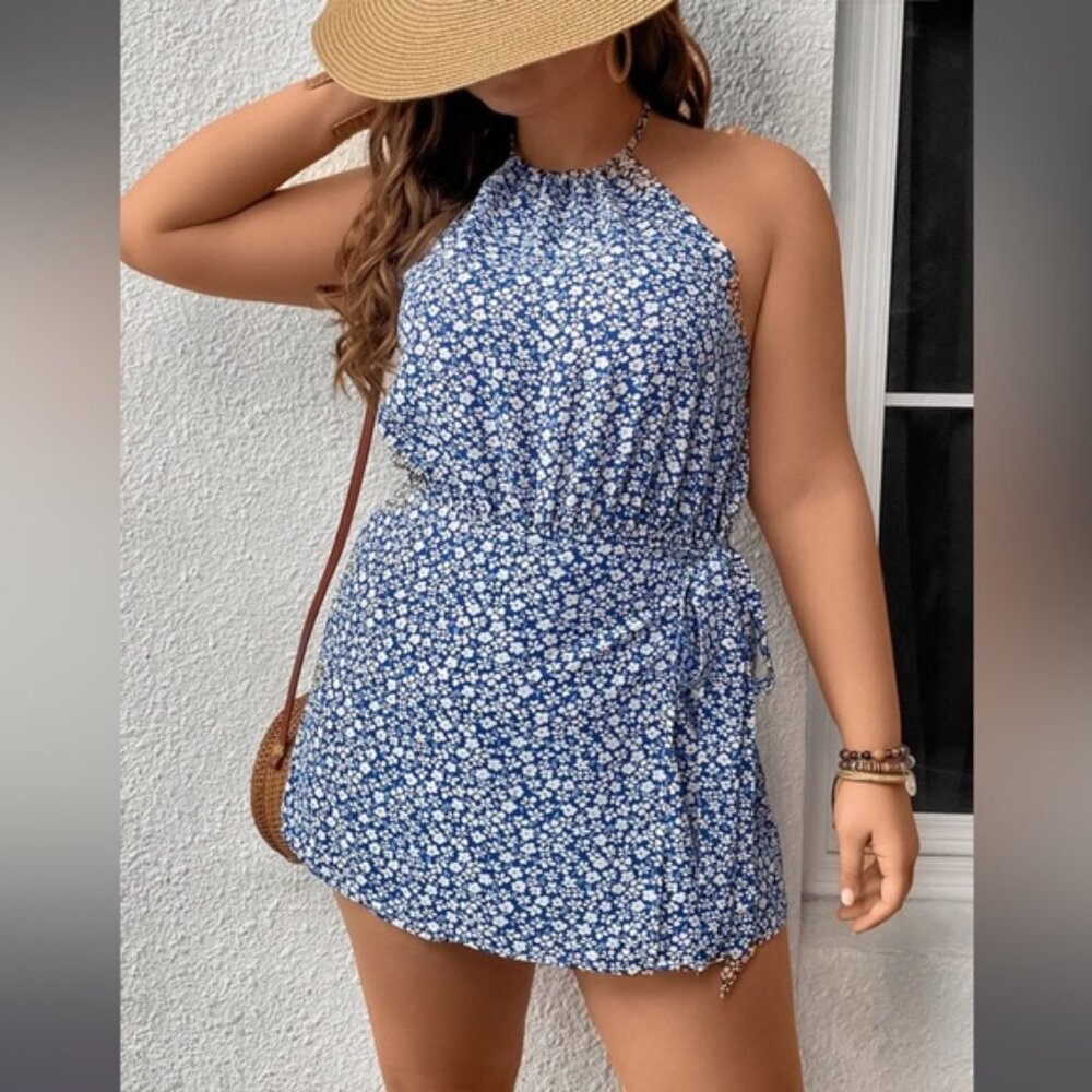 SHEIN Blue Floral Halter Jumpsuit